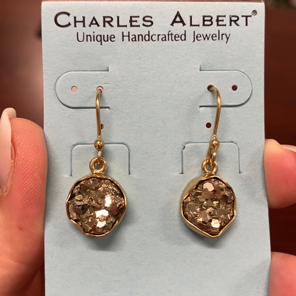 Pyrite dangle earrings set in Alchemia